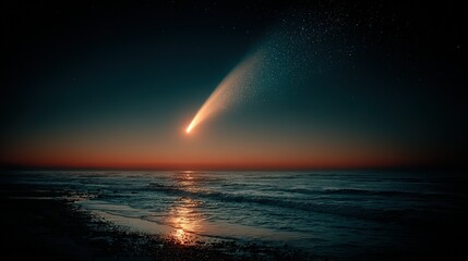Naklejka premium A comet or meteor streaks across the dark sky above a body of water.
