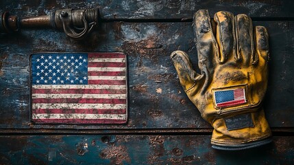 Firefighter equipment american flag and glove patriotic vintage theme