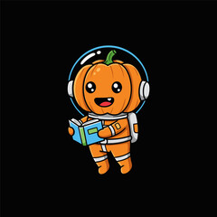 Pumpkin-headed astronaut in orange suit reads a blue-green book against a black space backdrop.