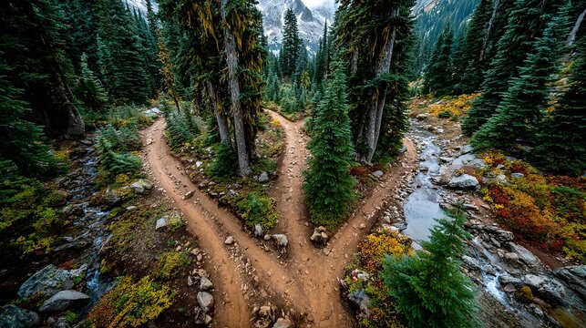 A path splits into three ways in a forest with tall trees.