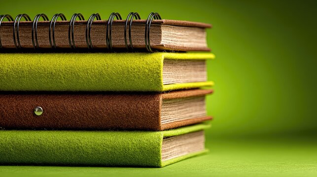 Stack of four books with colorful covers on green background - Powered by Adobe