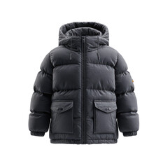 Front-Facing Boys Black Puffer Jacket on Transparent Background