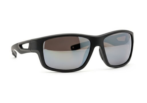 Black sport sunglasses with mirrored lenses isolated on white background
