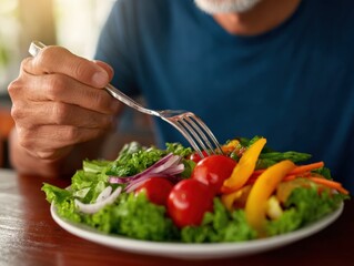 Cropped image featuring a senior man enjoying a vibrant, fresh vegetable salad with a fork at home, highlighting healthy eating habits