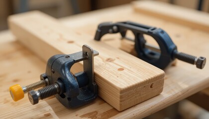 Close-up of woodworking clamps securing a wooden block on a workbench.