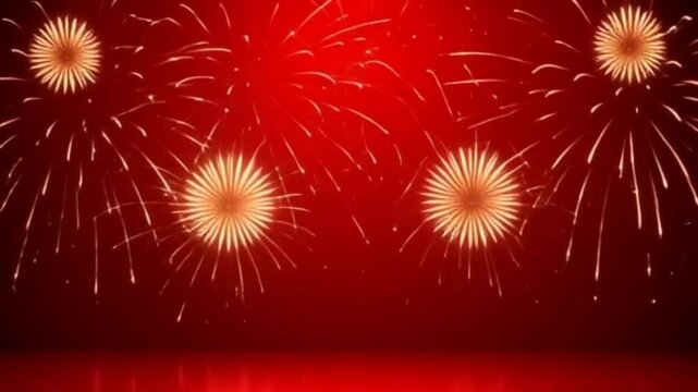 Dynamic golden fireworks exploding against a vibrant red backdrop, perfect for celebrations