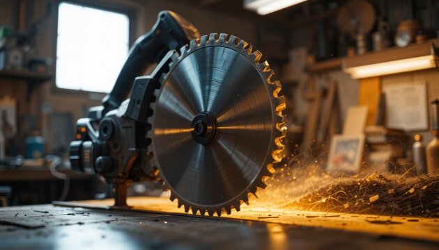 Circular Saw Sparks: Close-up of a saw cutting metal sparks flying in a workshop setting.