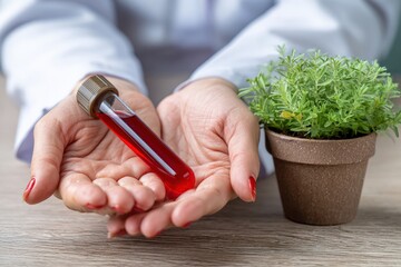 Scientist showing test tube containing red liquid next to small potted plant in laboratory setting, suggesting research on plant extracts or fertilizers