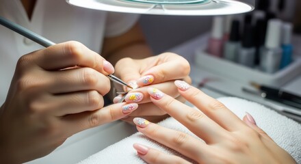 Floral Nail Art: Close-Up of Manicurist Applying Delicate Flower Designs with Fine Brush