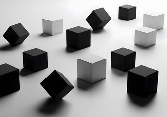 Abstract black and white cubes form a unique geometric structure with a splash of red, symbolizing a network of ideas