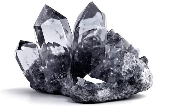 Cluster of smoky quartz crystals with varying sizes sharp edges and gray translucent appearance on a white background