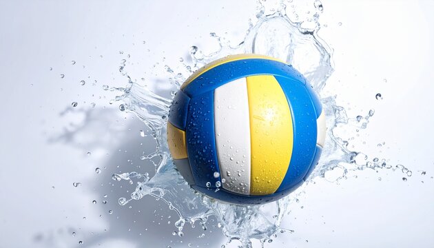 Volleyball ball surrounded by water splashing on a clean and bright background
