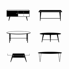 Minimalist Black and White Furniture Icons Set, Featuring Various Modern Tables and a Cabinet