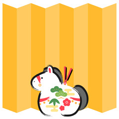 午年の年賀状素材｜屏風と馬の土鈴の正方形バナーイラスト