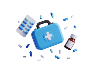 Medical toolkit and prescription medication in a three dimensional render against a isolated