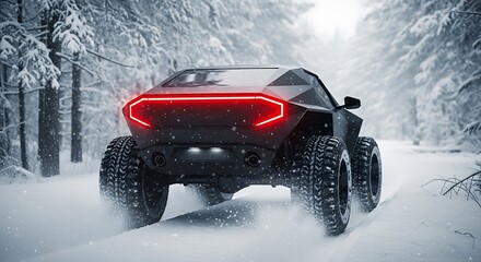 Electric Off-Road Vehicle in Snowy Forest.