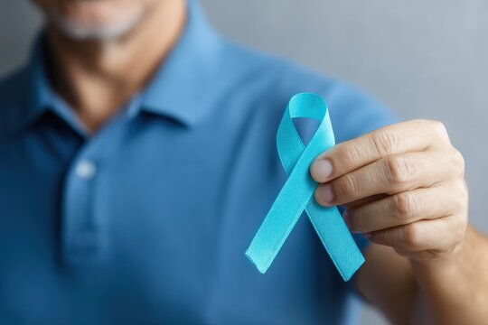 Close up of male hand showing light blue ribbon to support prostate cancer, sexual assault awareness - Powered by Adobe