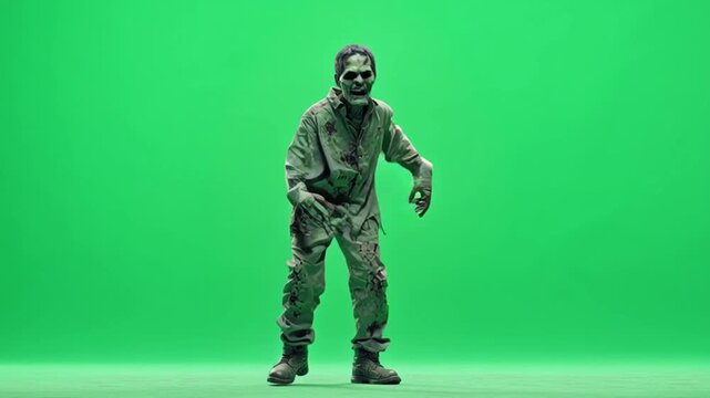 A zombie in tattered clothing stands with arms outstretched against a green screen backdrop green screen halloween video