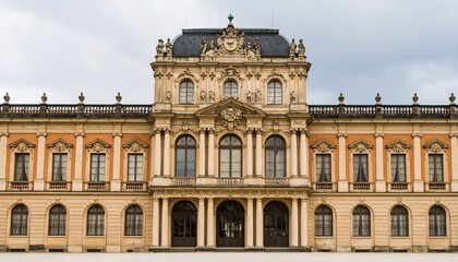 Fototapeta premium A grand architectural facade of a historical palace, showcasing intricate details and symmetrical design.