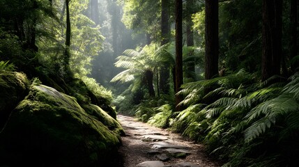 Obraz premium A lush rainforest trail bordered by giant ferns and moss-covered rocks