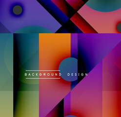 Abstract geometric shapes overlap, creating vibrant color gradients. Modern design features dark blues, oranges, purples, reds. Minimalist text present.