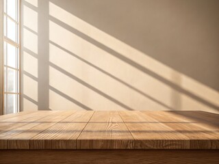 Warm sunlight streaming through window casting geometric shadows on wooden surface