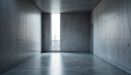 Empty modern concrete room with a tall window bright light and reflective floor.