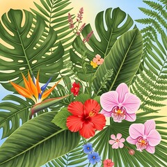 Naklejka premium Tropical plant arrangement, vibrant colors