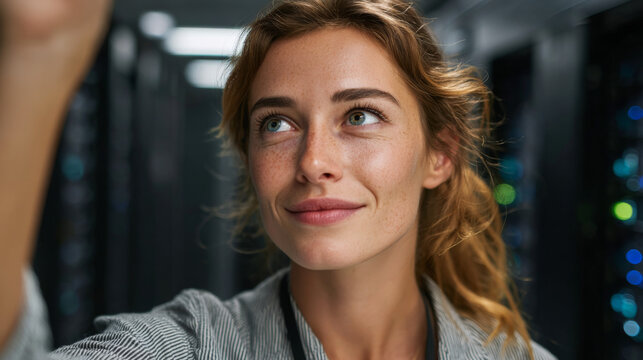 Tech Specialist's Gaze: A close-up shot of a tech specialist, radiating confidence, is immersed in a server room, her intelligent eyes reflecting expertise in cutting-edge technology. 