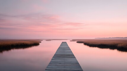 A narrow boardwalk trail floating above a calm marsh at sunrise