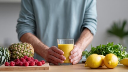 A man preparing a colorful smoothie bowl in a bright kitchen, natural ingredients, health-focused