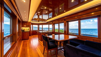 Fototapeta premium A spacious, luxurious dining area on a yacht boasts panoramic ocean views, highlighting rich wood paneling and comfortable seating.