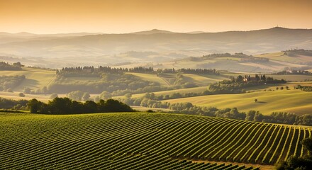 Tuscan Vineyard Landscape at Sunrise.