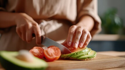 A young woman slicing avocado and tomato in a modern kitchen, preparing a healthy sandwich, natural light