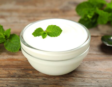 Creamy yogurt in a glass bowl, garnished with fresh mint leaves