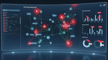 Advanced AI fraud detection interface displaying alerts and data visualizations in a digital environment - Powered by Adobe