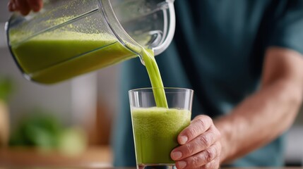 A man pouring fresh green juice into a glass from a blender in a sunlit kitchen
