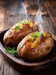 Baked Potatoes Topped With Herbs and Steam on a Rustic Wooden Plate in a Cozy Kitchen Setting During Evening Time