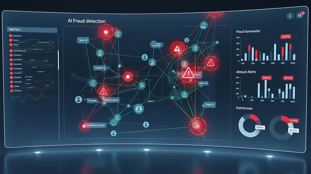 Advanced AI fraud detection interface displaying alerts and data visualizations in a digital environment - Powered by Adobe