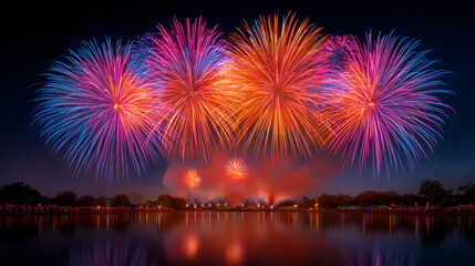 Fototapeta premium Fireworks Over Lake: A stunning fireworks display explodes over a calm lake at night, the vibrant colors reflecting beautifully in the water below.