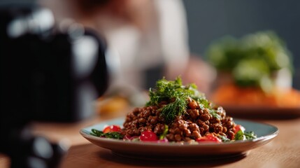 Behind-the-scenes shot of food photography setup: camera, soft lighting, and a vibrant vegan dish in progress