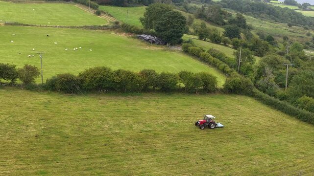 Aerial view of Massey Ferguson 390T topping grass in fields at Ballygawn Farm Co Antrim Northern Ireland 25-08-25
