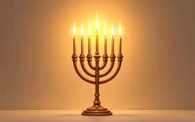 A golden menorah with lit candles on a minimalist surface, perfect for hanukkah celebrations, invitations, cards, or festive decor. the warm colors evoke tradition. Ritualistic Symmetry. Illustration