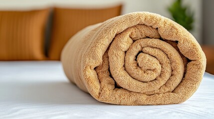 Neatly Rolled Light Brown Towel on White Bedsheet