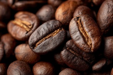 Fototapeta premium A closeup showcases a cluster of dark brown coffee beans highlighting their textures and subtle color variations