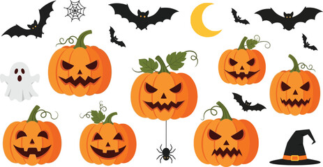 Spooky Halloween pumpkins, bats, ghost, spider, moon, witch hat collection