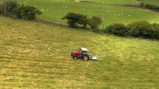 Aerial view of Massey Ferguson 390T topping grass in fields at Ballygawn Farm Co Antrim Northern Ireland 25-08-25