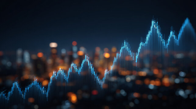 Market Data Rising: A dynamic, close-up view of a digital data chart reveals a fluctuating yet promising growth trend superimposed on the blurred cityscape, symbolizing business.