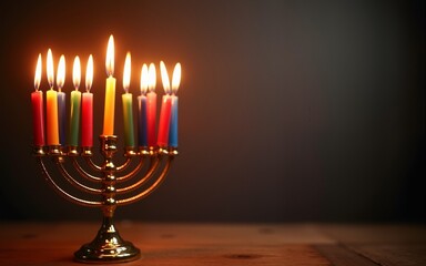 First day of Hanukkah with burning Hanukkah colorful candles in Menorah (traditional Candelabra) .Chanukkah-jewish holiday. Each night, another candle is added. Copy space for text. High quality