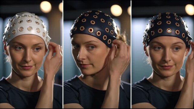 Brain Computer Interface Technology Using EEG Sensors on Woman with Cap Demonstrating Advanced Brain and Computer Interaction